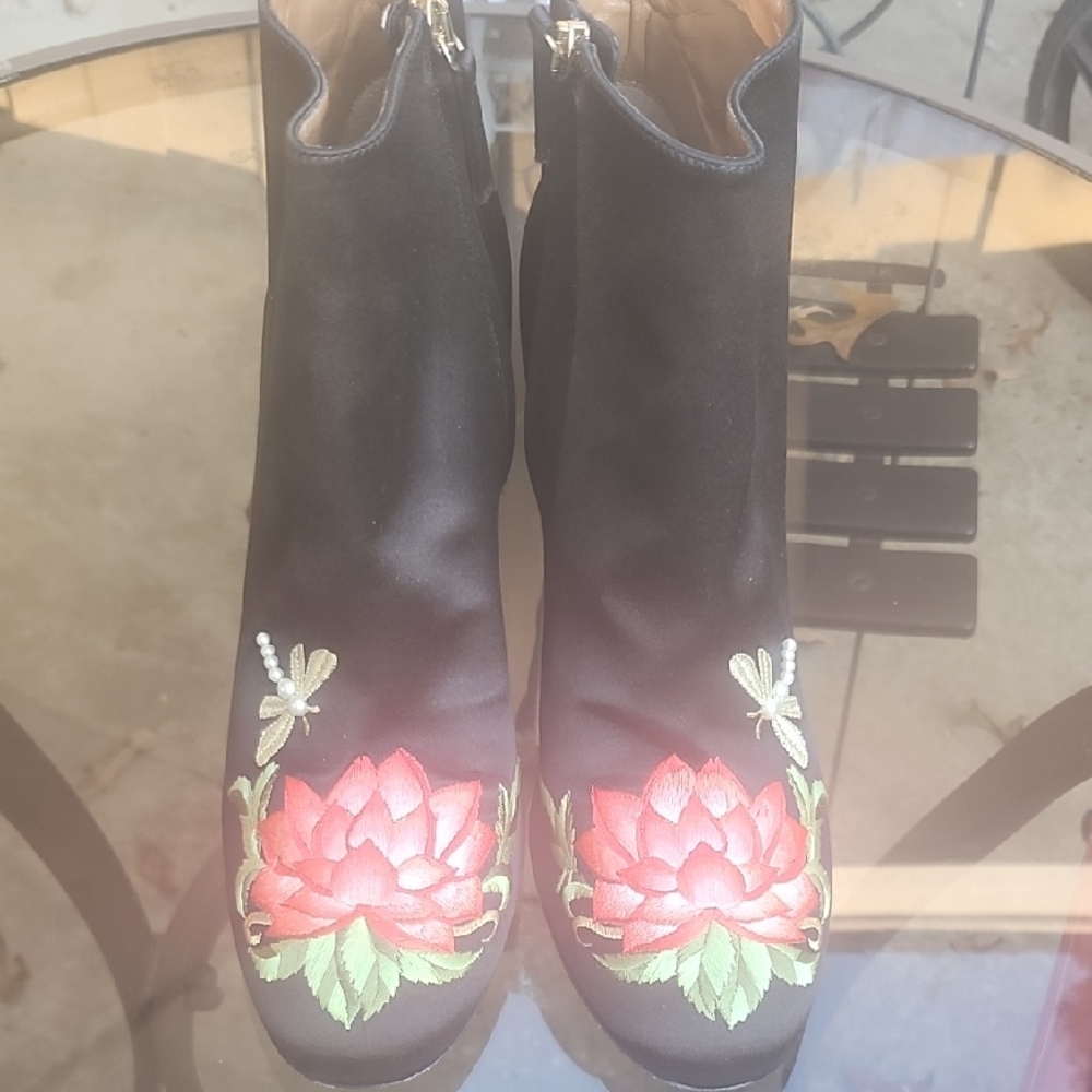Aquazzura Firenze Black Ankle Boots with Red Floral Design And A touch of Gold